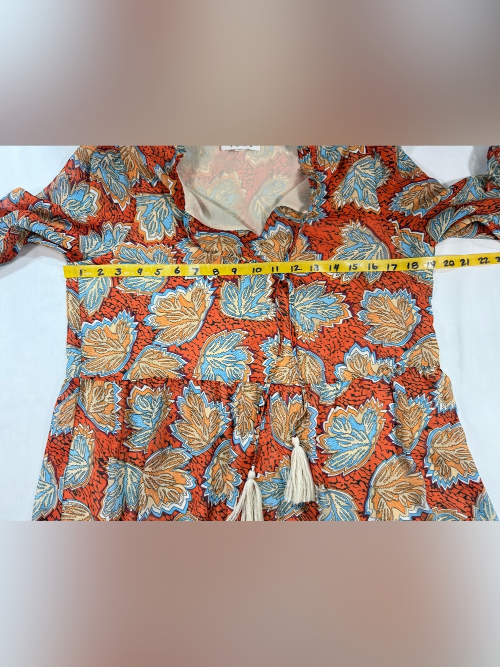THML Rust Orange Floral Tassel-Front Long Sleeve tiered mini Dress size S - Picture 12 of 13